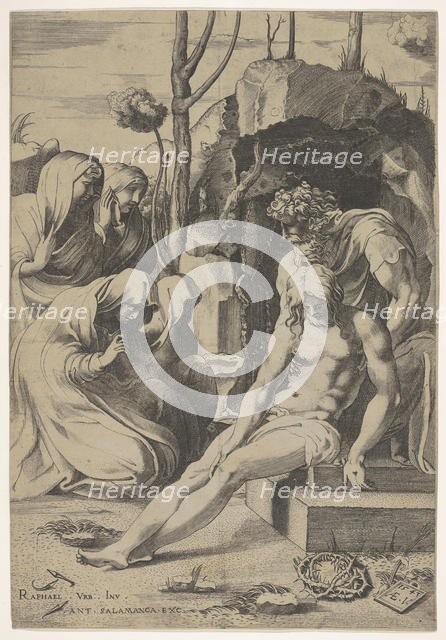 Entombment of Christ, whose chest is grasped by Joseph of Arimathea, with two kneeling and..., 1543. Creator: Enea Vico.