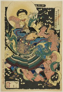 Gamo Sadahide's Servant, Toki Motosada, Hurling a Demon King to the Ground at Mount Inahan..., 1890. Creator: Tsukioka Yoshitoshi.
