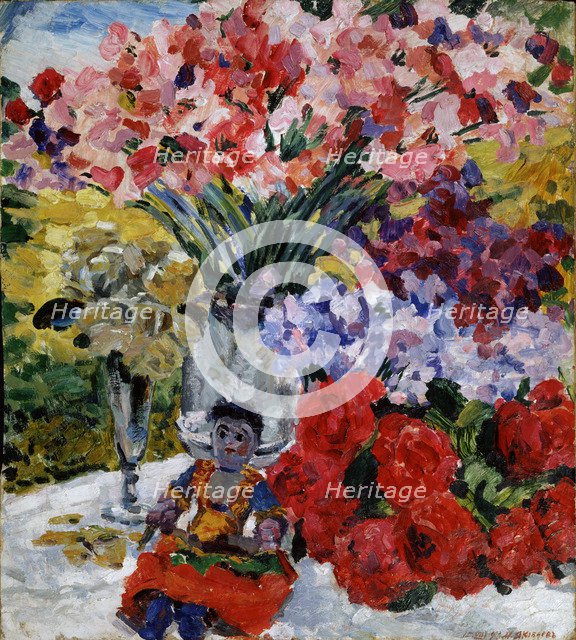 Flowers and a doll, 1916. Artist: Yakovlev, Mikhail Nikolayevich (1880-1942)