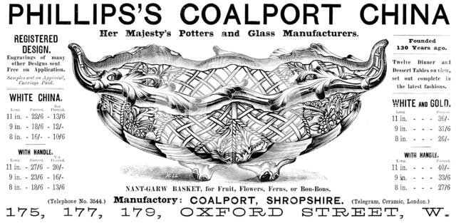Advertisement for Phillips’s Coalport China, 1890. Creator: Unknown.