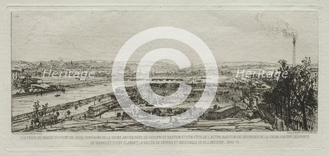 Souvenir artistiques du Siège de Paris: Vue prise du viaduc du Pont-du-Jour..., 1870-71. Creator: Maxime Lalanne (French, 1827-1886); Cadart et Luce.