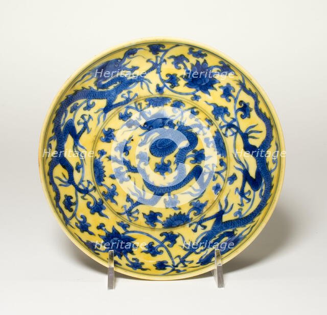 Dish with Dragons and Lotus Flowers, Qing dynasty (1644-1911), Kangxi period (1622-1722). Creator: Unknown.