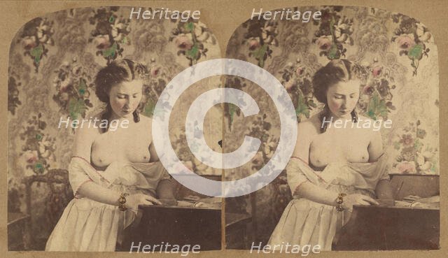 Bare-breasted woman looking down, about 1870. Creator: Unknown.