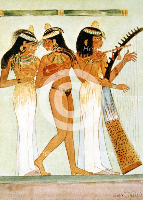 Ancient Egyptian musicians and a dancer, 1910. Artist: Walter Tyndale