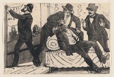 A man stabbing another man in the chest while his associates loot a store, from a..., ca. 1890-1891. Creator: José Guadalupe Posada.