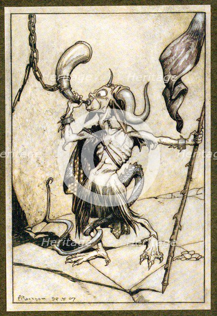 Ere the horn at the Gate of the Barbican Tower, was blown with a loud twenty-trumpeter power, 1907 Creator: Arthur Rackham (1867 - 1939).
