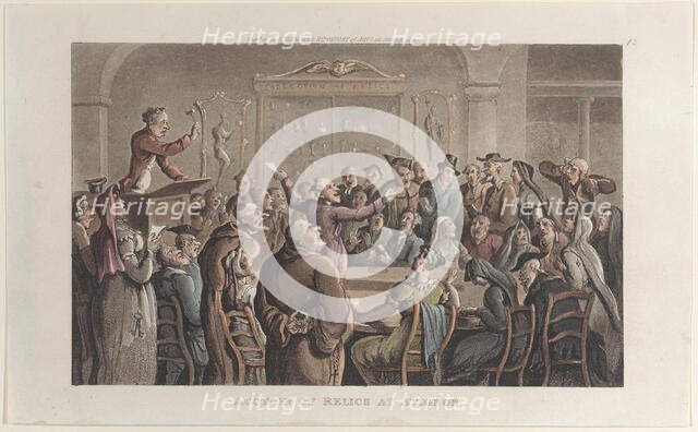 Auction of Relics at Avignon, from "Journal of Sentimental Travels in the Southern Provinc..., 1821. Creator: Thomas Rowlandson.