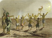 Sacrifice to the sun of a deer, placed on a pole, by the Indians of Florida, engraving from 1850.