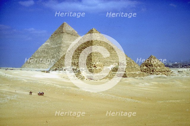 Pyramids of Khafre and Mycerinus and three pyramids of his Queens, Giza, Egypt, c2600-c2500 BC. Artist: Unknown