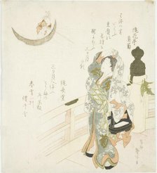 Woman on the bridge watching the moon, Japan, 1831. Creator: Katsushika Taito.