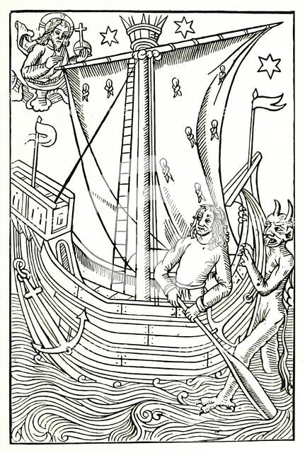God and Satan vying for the soul of man, who is navigating the ocean of vices, c1490, (1896).  Creator: Unknown.