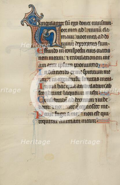 Initial V: A Seated Man Holding a Scroll; Bute Psalter, text and illumination about 1285. Creator: Bute Master.