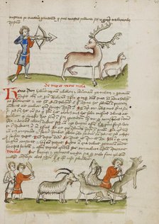 A Hunter Aiming an Arrow at a Stag, a Deer Standing Nearby..., third quarter of 15th century. Creator: Unknown.