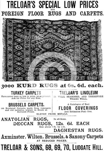 Advertisement for Treloar’s Foreign Floor Rugs and Carpets, 1890. Creator: Unknown.
