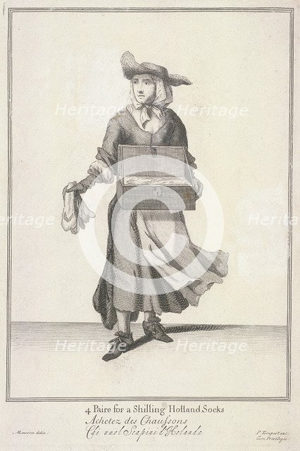'4 Paire for a Shilling Holland Socks', Cries of London, (c1688?). Artist: Pierce Tempest