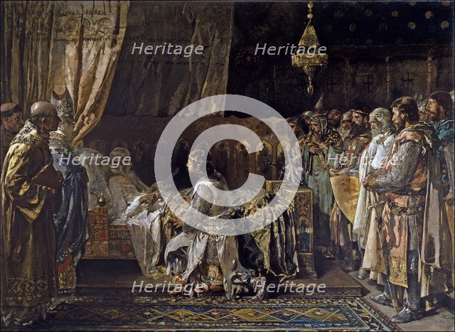 King James I the Conqueror Gives His Sword to His Son, Pedro, 1881. Artist: Pinazo Camarlench, Ignacio (1849-1916)