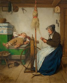 Grandmother at a spinning wheel and a sleeping boy on an oven bench, 1883.