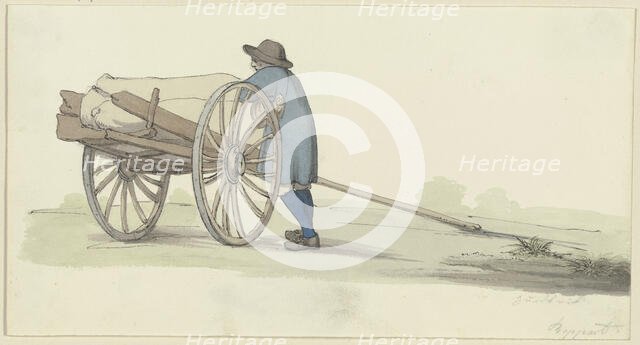 A farmer from the Hunsrück region by a cart, loading or unloading it, c1840s. Creator: Jakob Dielmann.