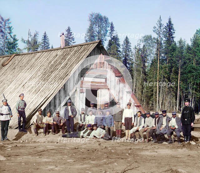 Austrian prisoners of war near a barrack, [near Kiappeselga], 1915. Creator: Sergey Mikhaylovich Prokudin-Gorsky.