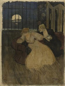 Gentleman tries to persuade a doubting lady on a sofa, 1869-1923. Creator: Theophile Alexandre Steinlen.