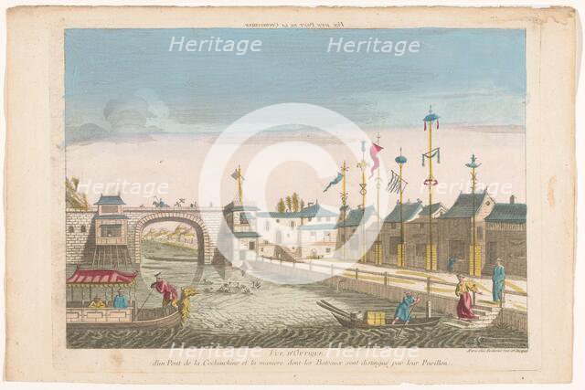 View of a bridge and a row of flags of different boats in Cochin-China, 1700-1799. Creator: Anon.