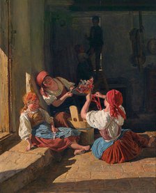 Children decorating a Conscript's hat, 1854. Artist: Waldmüller, Ferdinand Georg (1793-1865)