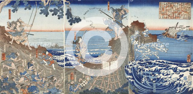 At Izu no Oshima, Chinzei Hachiro Tametomo Shoots an Enemy Warship with an Arrow, c1843.
