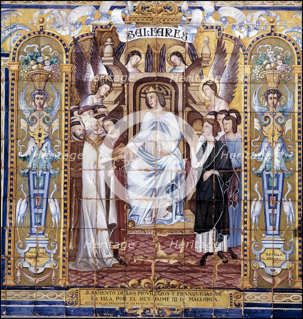 Oath of Privileges and Franchises of Mallorca Island' by King James III (1315-1349). Tiles in the…