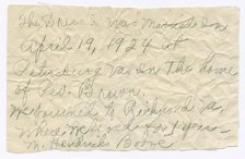 Handwritten note from Magdalene Hendricks Boozé, mid 20th century. Creator: Magdalene Hendricks Boozé.