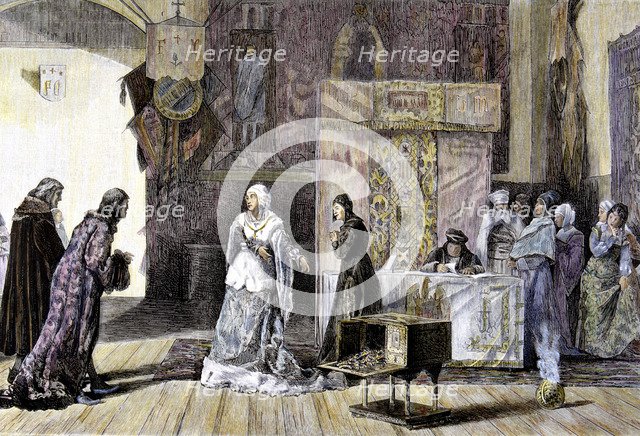 Engraving  in the 'Spanish and American Illustration' from painting 'Elizabeth I gives her jewelr…