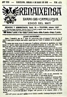 Front page of the journal 'Renaixensa' 1892.