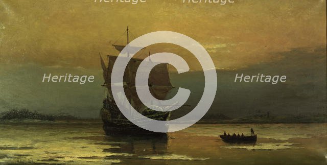 The Mayflower on Her Arrival at Plymouth Harbor, 1882. Creator: Halsall, William Formby (1841-1919).