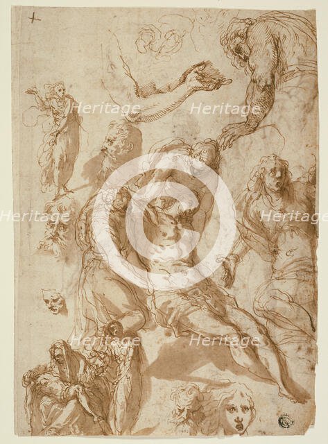 Sketches for a Lamentation and a Pietà, and of Various Figures, Heads..., 1580 (r); 1576/80 (v). Creator: Jacopo Palma.