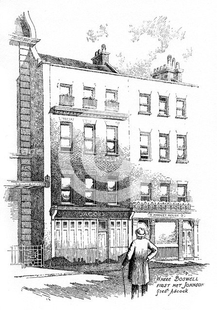 Where James Boswell first met Dr Johnson, London, (1912). Artist: Frederick Adcock