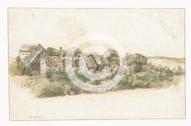View of a few houses and a water mill between trees, 1633-1687. Creator: Gillis Neyts.