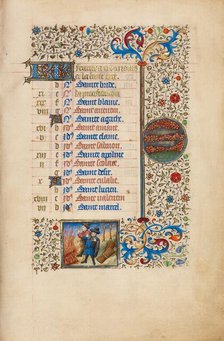 February Calendar Page: Keeping Warm: Pisces; Book of Hours, about 1440-1450. Creator: Workshop of the Bedford Master.