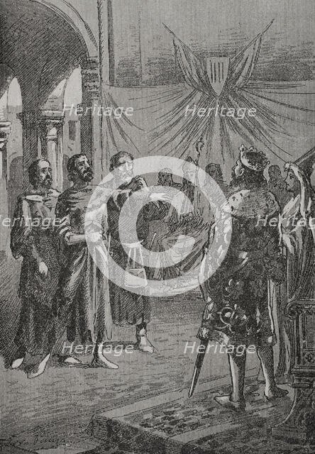 Cataldo Rosso speaking before the king, 1890.  Creator: Joan Serra y Pausas.