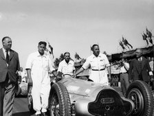 Alfred Neubauer with Mercedes car at the Start of the Italian Grand Prix, Monza, 1938. Artist: Unknown