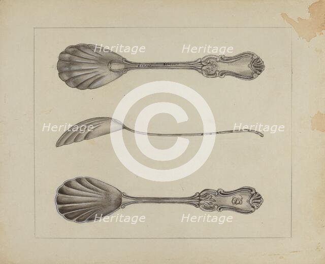 Two Silver Sugar Spoons, c. 1936. Creator: Anthony Zuccarello.