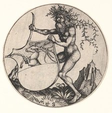 Shield with Stag Held by Wild Man, ca. 1435-1491. Creator: Martin Schongauer.