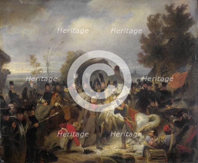 The Prince of Orange changing his Wounded Horse during the Engagement at Boutersem, 1837-1839. Creator: Cornelis Kruseman.