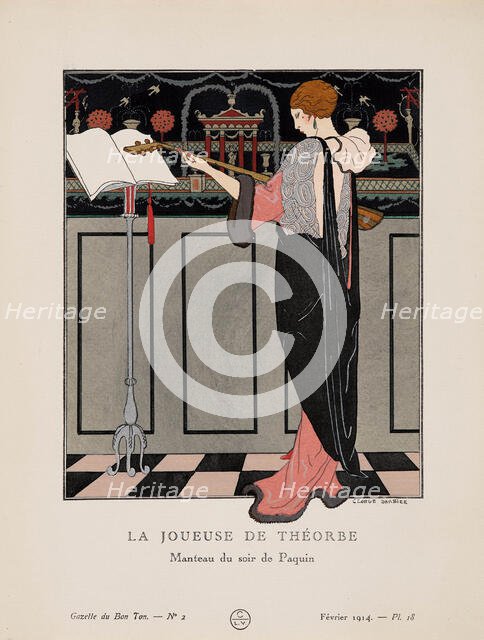 La Joueuse de Théorbe, Manteau du soir de Paquin (La Gazette du Bon ton), 1914. Creator: Barbier, George (1882-1932).