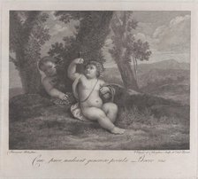 The infant Bacchus seated under a tree, holding up a wine glass, with another infant behin..., 1780. Creators: Raphael Morghen, Giovanni Volpato.