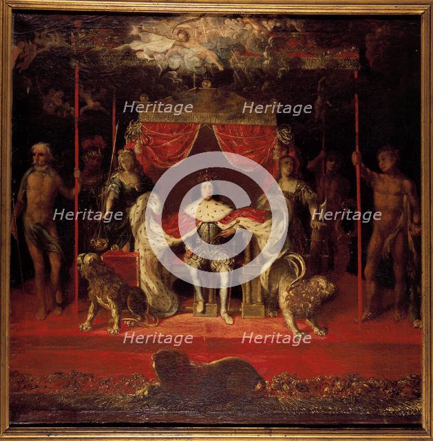 Portrait of Christian V of Denmark (1646-1699) on the throne in Frederiksborg Palace. Creator: Haven, Michael van (1630-1679).