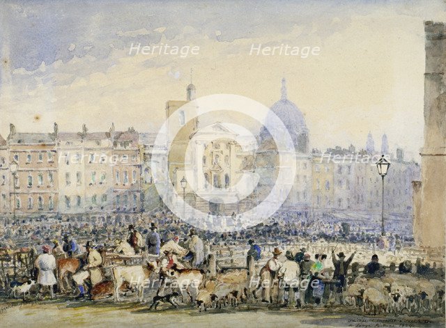 View of Smithfield Market with figures and animals, City of London, 1824.                            Artist: George Sidney Shepherd
