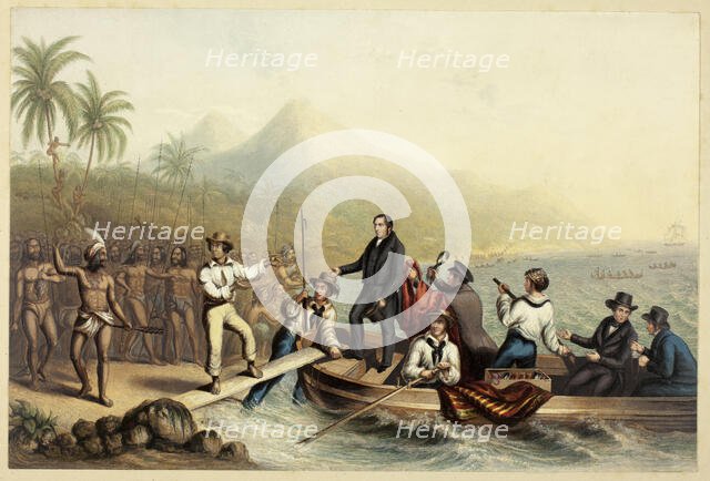 The Reception of the Rev. J. Williams, at Tanna in the South Seas, the Day Before He was..., 1841. Creator: George Baxter.