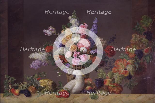 A basket of flowers, a cockatoo and a fruit vine, 1829. Creator: Johannes Ludvig Camradt.