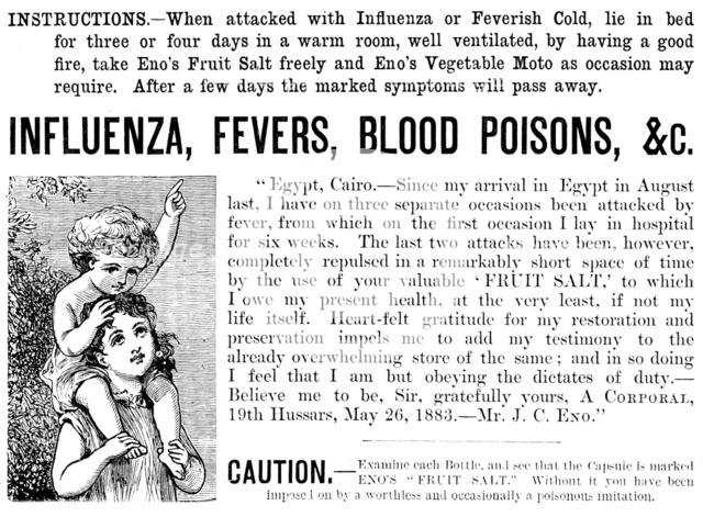 Advertisement for Eno’s Fruit Salt and Eno’s Vegetable Moto, 1890. Creator: Unknown.