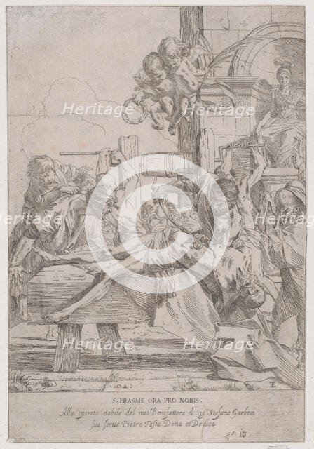The martyrdom of Saint Erasmus who is prostrate having in innards removed, two putti a..., ca. 1630. Creator: Pietro Testa.