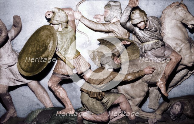 Greeks fight Persians, the Alexander Sarcophagus, Sidon, 4th century BC, (20th century). Artist: Unknown.